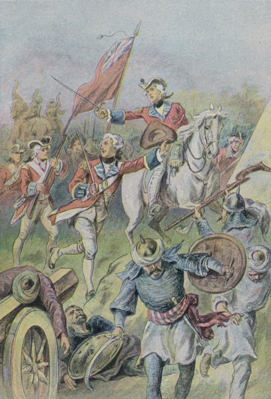Lord Clive velící Britům v bitvě u Plassey, Indie, 1757 od English School