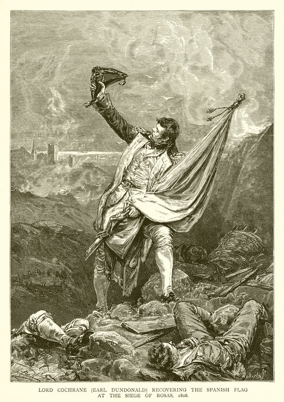 Lord Cochrane (Earl Dundonald) získává španělskou vlajku při obléhání Rosas, 1808 od English School
