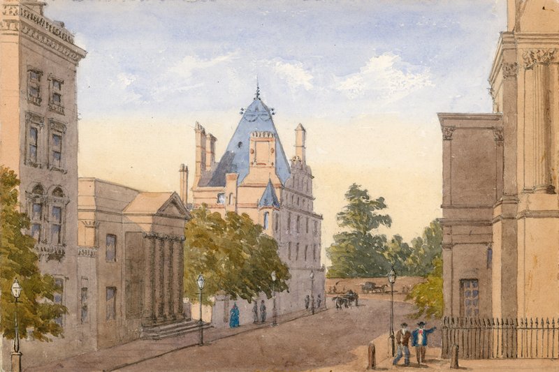 Lord Grosvenors nový domov, roh Halkin Street, Londýn (wc na papíře) od English School