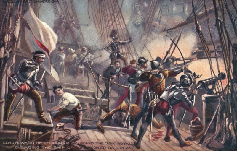 Lord Howard z Effinghamu na Ark Royal, zapojení dona Alonsa de Leyva, španělská armáda od English School