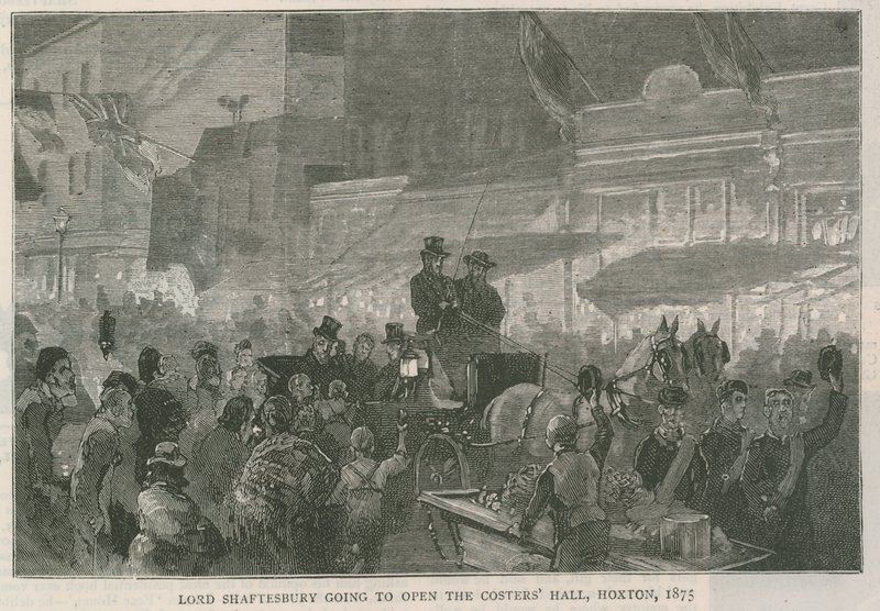 Lord Shaftesbury otevírá Costers Hall, Hoxton, Londýn, 1875 od English School