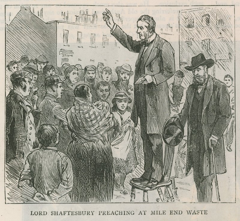 Lord Shaftesbury káže v Mile End Waste v Londýně od English School