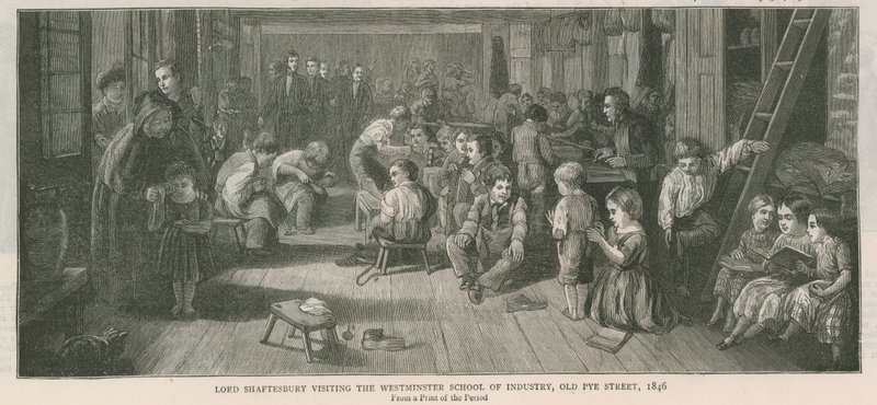 Lord Shaftesbury na návštěvě Westminster School of Industry, Old Pye Street, Londýn, 1846 od English School