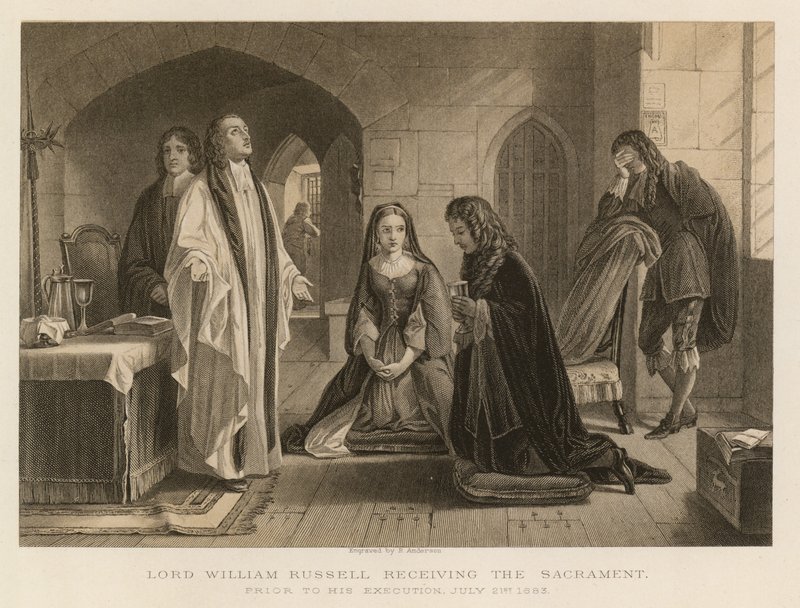 Lord William Russell přijímající svátost před popravou, 21. července 1683 (rytina) od English School