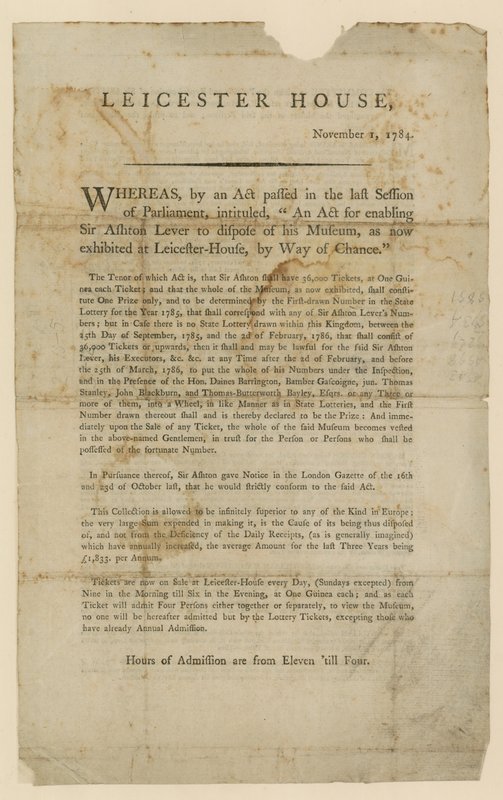 Loterie pro likvidaci Sir Ashton Levers Museum, 1784 od English School