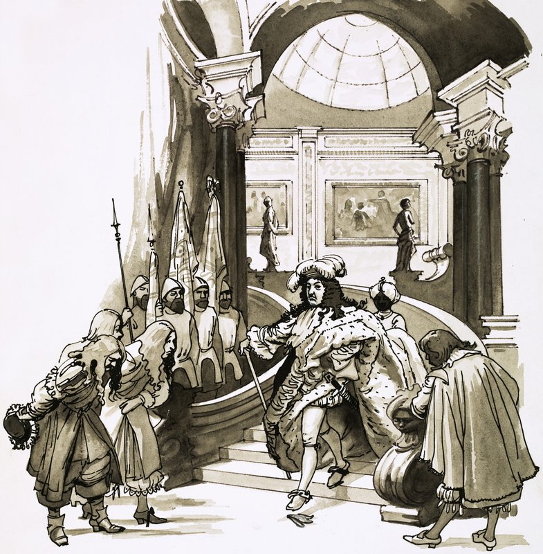 Ludvík XIV sestupuje po schodech ve Versailles od English School
