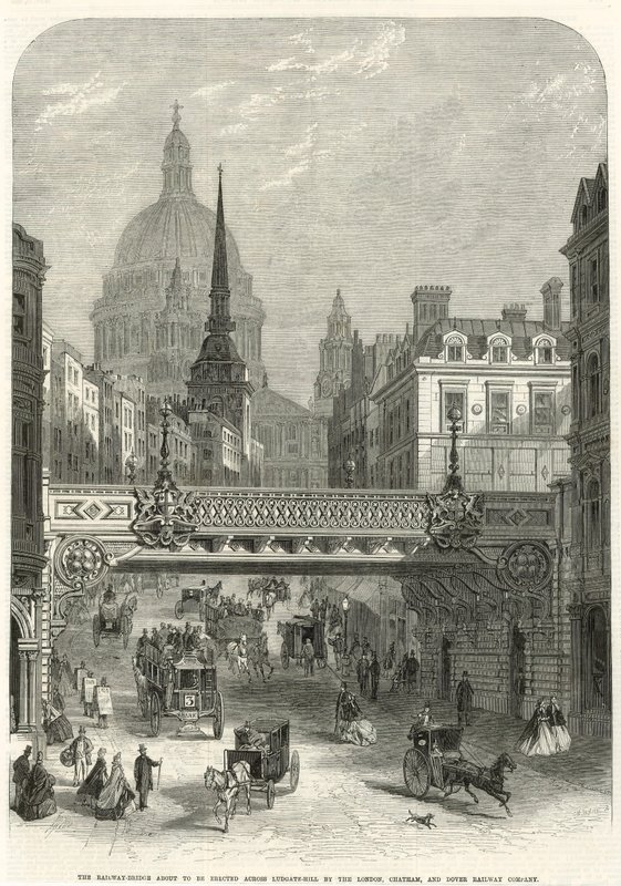 Ludgate Hill, železniční most, který se chystá postavit společnost London, Chatham and Dover Railway Company od English School