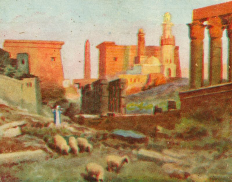 Luxor, zřícenina chrámu (barevná litografie) od English School