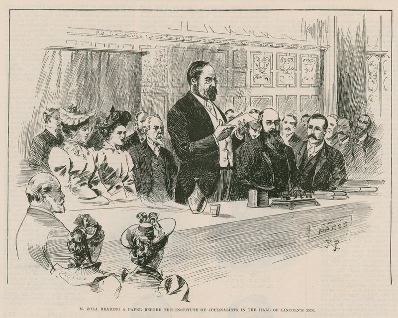 Emile Zola přednáší v sále Lincolns Inn v Londýně před Institutem novinářů. od English School