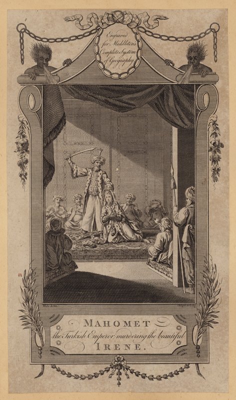 Mahomet, turecký císař vraždící krásnou Irenu (rytina) od English School