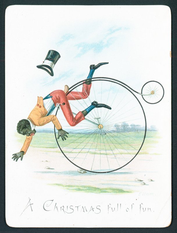 Muž padající z Penny Farthing, vánoční přání od English School