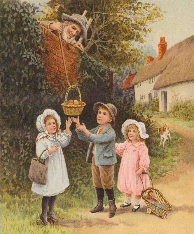 Muž spouští dětem košík s ovocem (chromolit) od English School