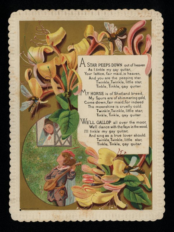 Muž serenáduje svou milenku a zimolez, blahopřání (chromolitho) od English School