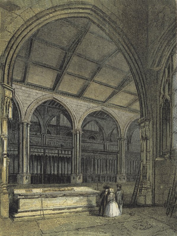 Manchesterská katedrála, pohled přes sbor a baptisterium, z kaple Ely od English School
