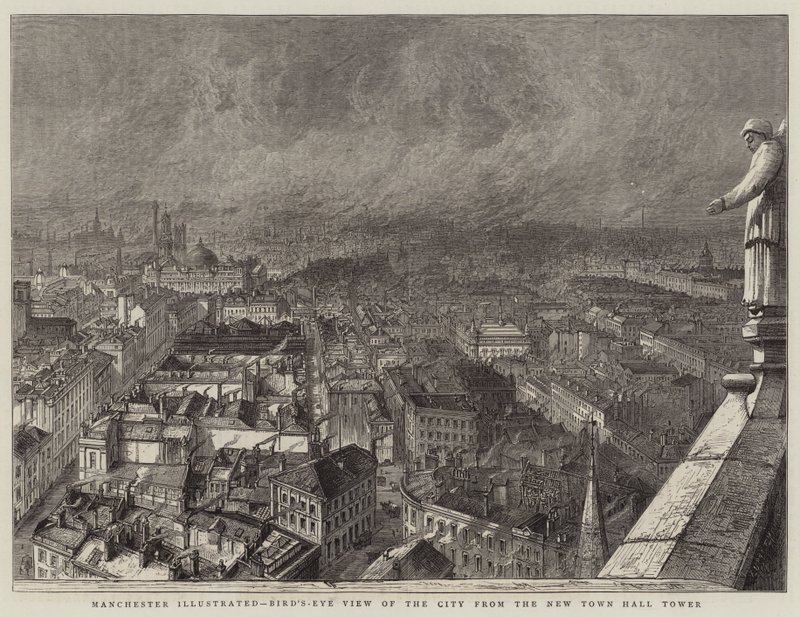 Manchester Illustrated, pohled z ptačí perspektivy na město z věže Nové radnice (rytina) od English School