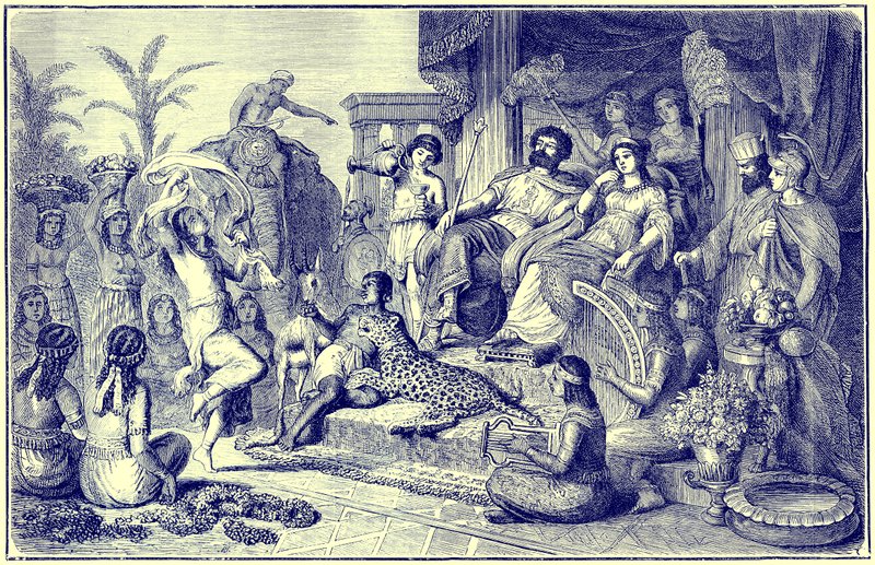 Způsoby a zvyky pozdějšího Řecka - sváteční domácnost, ilustrace z Ilustrované historie světa, vydané kolem roku 1880 (digitálně vylepšený obrázek) od English School