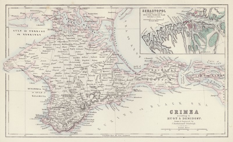 Mapa: Krym, podle Huot a Demidoff, nakreslil a vyryl J. Bartholomew, Edinburgh; Sebastopol, podle zmenšeného původního ruského plánu vydaného v Berlíně (barevná litografie). od English School