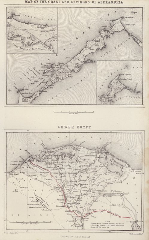 Mapa: Mapa pobřeží a okolí Alexandrie; Dolní Egypt (barevná litografie) od English School