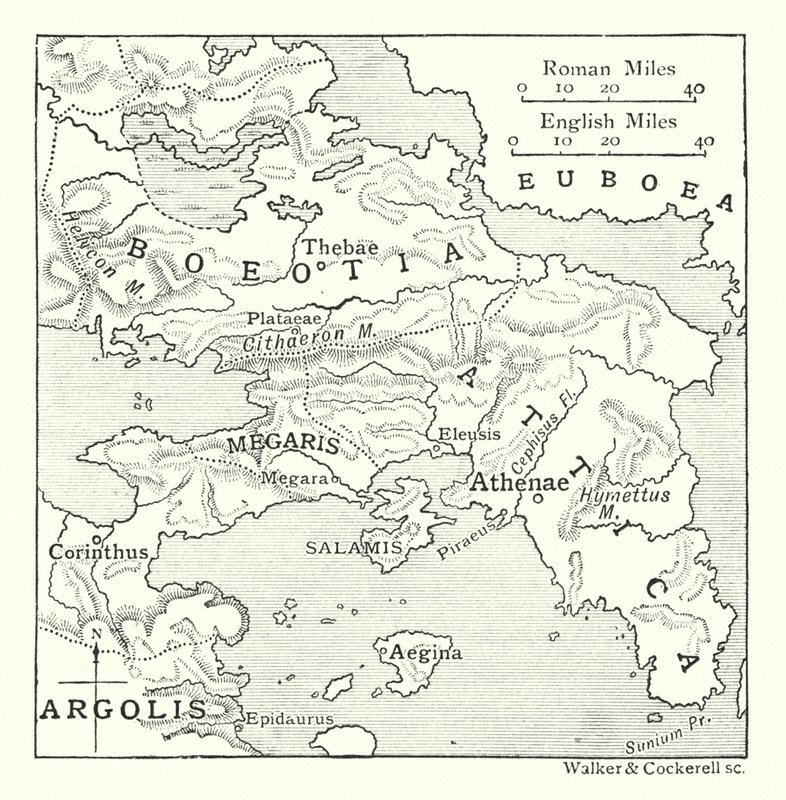 Mapa zahrnující Attiku se Salamínou a Aeginou, Boeotii, Megaris a část Korinthie a Argolis (litografie) od English School