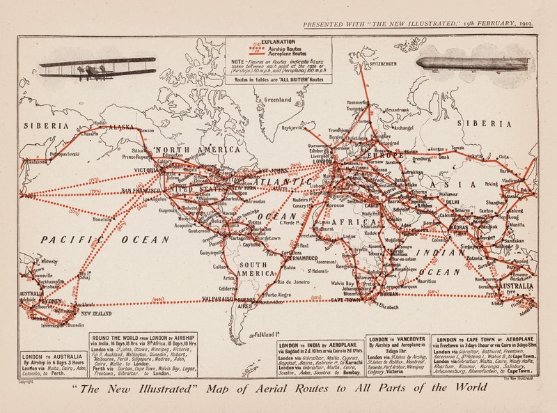 Mapa leteckých tras do všech částí světa (barevná litografie) od English School