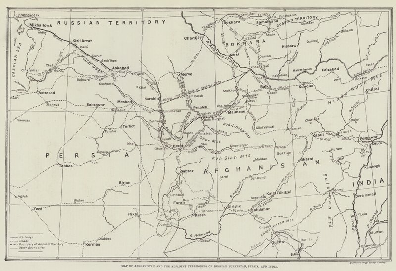 Mapa Afghánistánu a přilehlých území ruského Turkestánu, Persie a Indie od English School