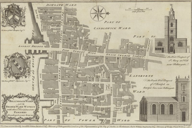 Mapa Billingsgate a Bridge wards, Londýn od English School