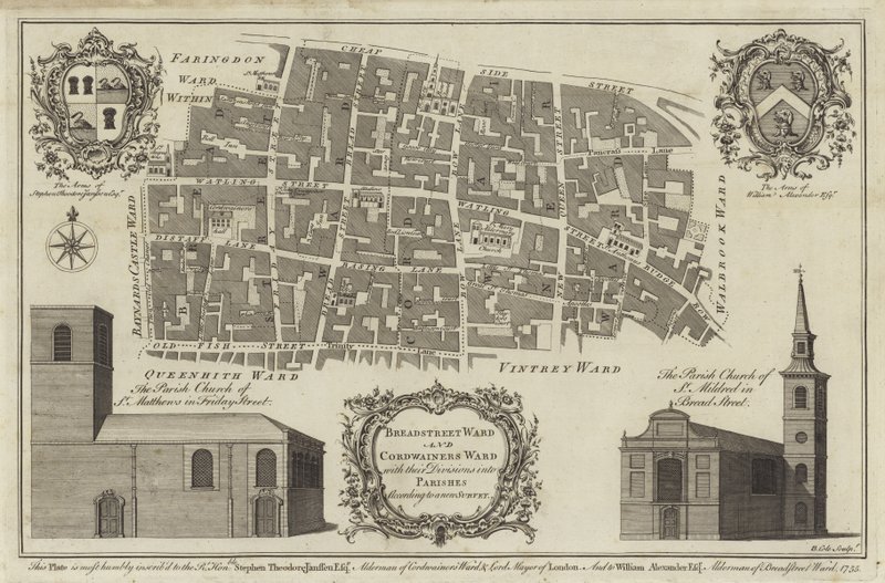 Mapa Bread Street Ward a Cordwainers Ward, Londýn od English School
