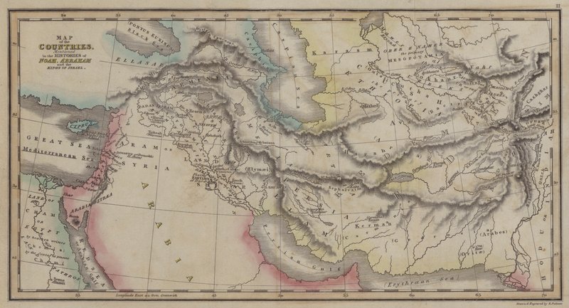 Mapa zemí, zmíněná v Historii Noema, Abrahama a králů Izraele (barevná rytina) od English School
