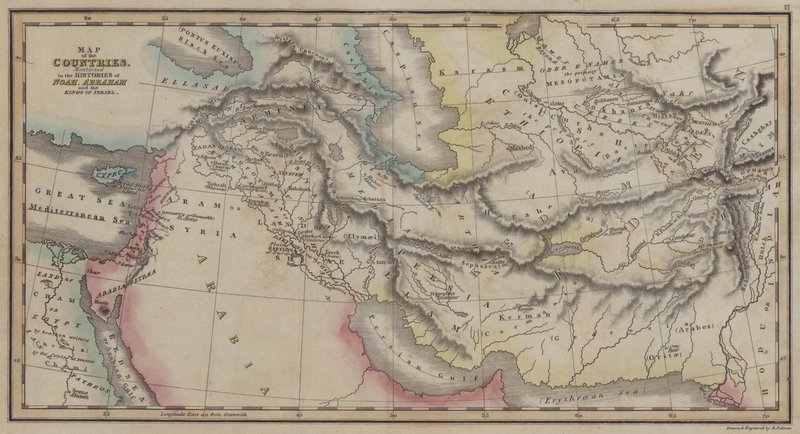 Mapa zemí, zmíněná v Historii Noema, Abrahama a králů Izraele (barevná rytina) od English School
