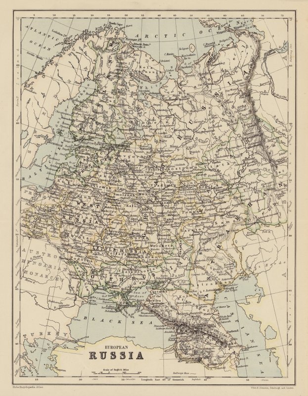 Mapa evropského Ruska (barevná litografie) od English School