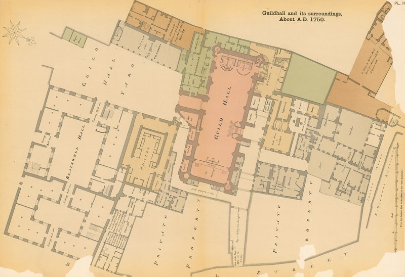 Mapa Guildhall, Londýn a okolí kolem roku 1750 od English School