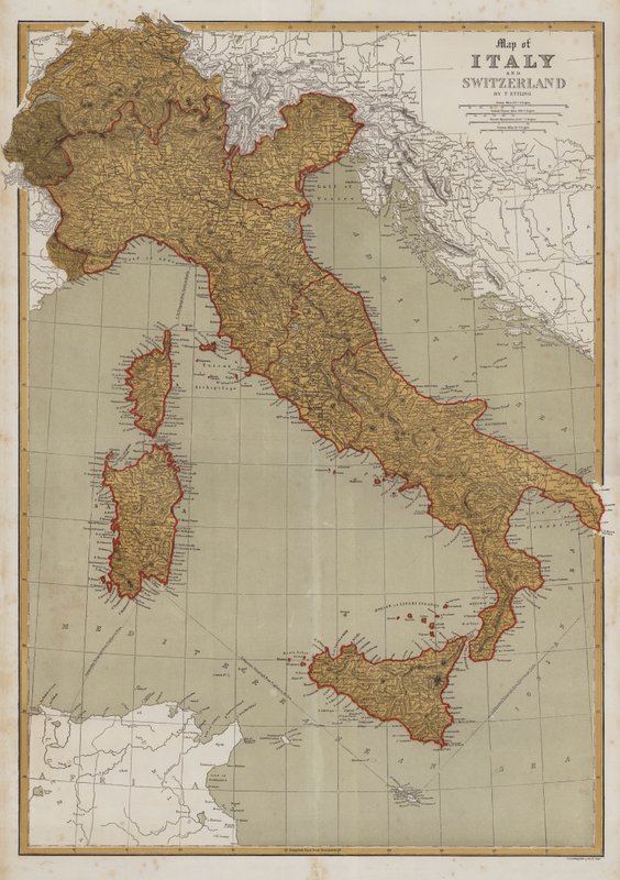 Mapa Itálie a Švýcarska (barevné lito) od English School