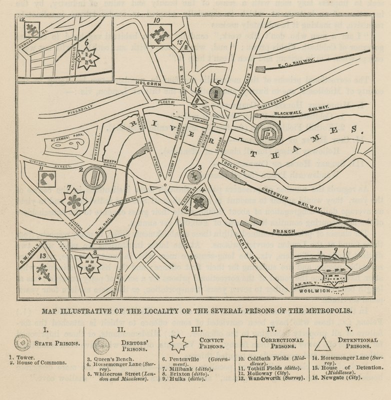 Mapa londýnských věznic od English School