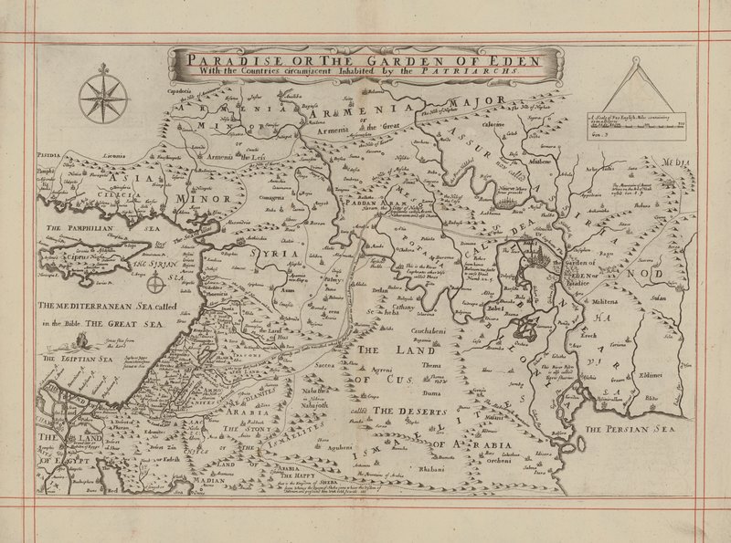 Mapa ráje neboli rajské zahrady a zemí obývaných patriarchy (rytina) od English School