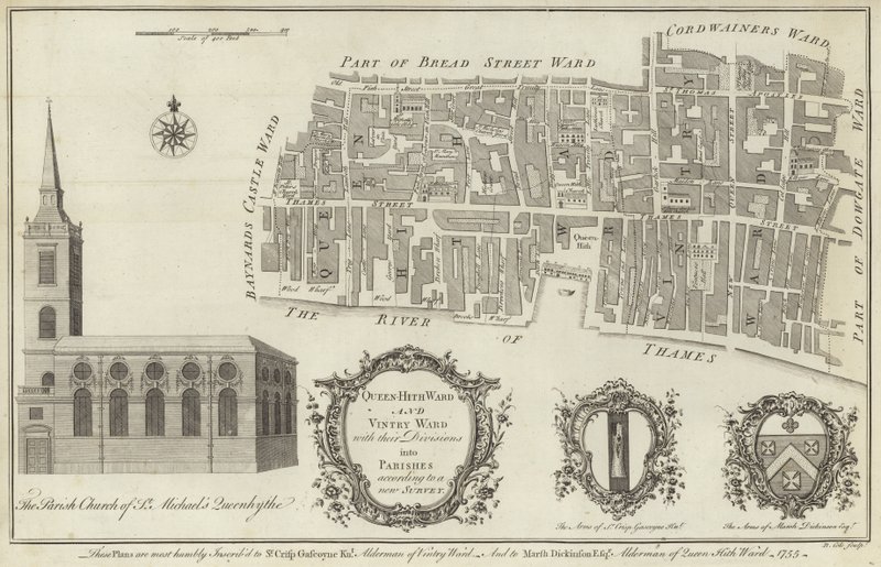 Mapa Queenhithe a Vintry wards, Londýn od English School