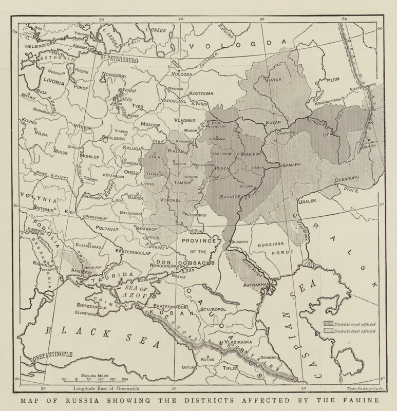 Mapa Ruska zobrazující okresy postižené hladomorem od English School