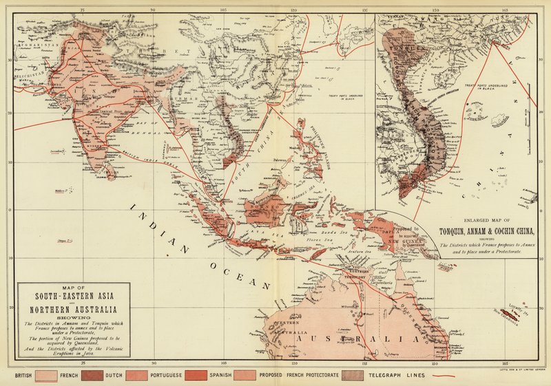 Mapa jihovýchodní Asie a severní Austrálie; Zvětšená mapa Číny Tonquin, Annam a Cochin (barevný obrázek) od English School