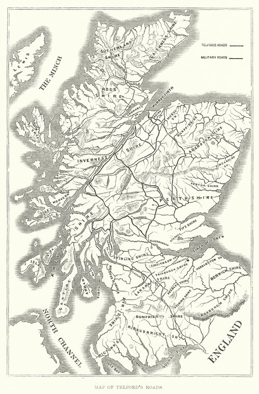 Mapa telfordských silnic (rytina) od English School