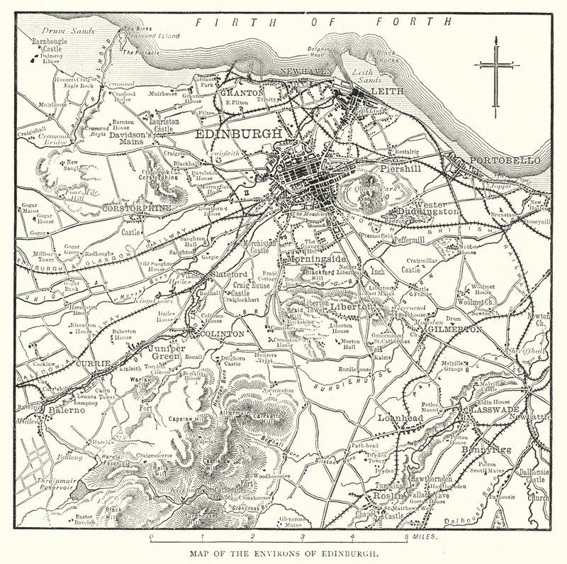 Mapa okolí Edinburghu (rytina) od English School