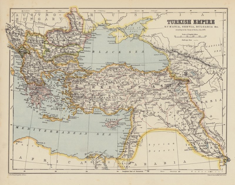 Mapa Osmanské říše (barevná litografie) od English School