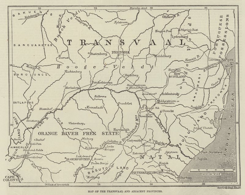 Mapa Transvaalu a přilehlých provincií (rytina) od English School