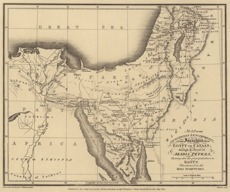 Mapa cest a táborů Izraelitů z Egypta do Kanaánu přes poušť (rytina) od English School