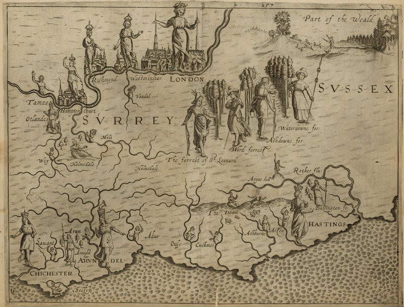 Mapa jihu Anglie, včetně Londýna, Surrey a Sussexu od English School