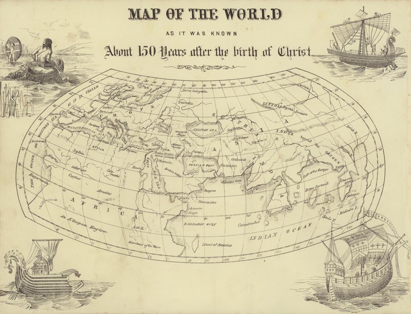 Mapa světa, jak byla známa asi 150 let po narození Krista (rytina) od English School