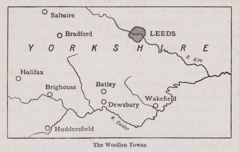 Mapa zobrazující vlněná města Yorkshire (litho) od English School
