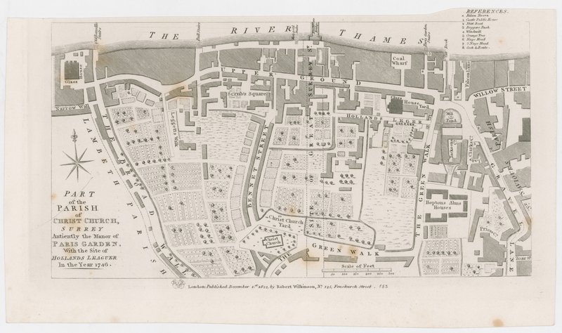 Mapa zobrazující panství Paris Garden od R Wilkinson, 1822 od English School
