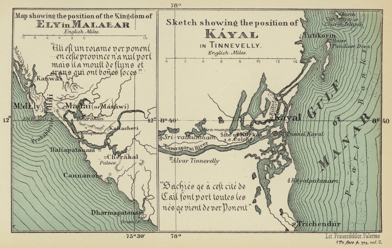 Mapa znázorňující polohu království Ely v Malabaru, náčrtek znázorňující polohu Kayalu v Tinnevelly (barevná litografie) od English School