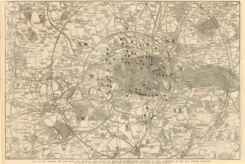 Mapa zobrazující mýtné brány a hlavní mýtné brány v okruhu 6 mil od Charing Cross, předložená lordu Palmerstonovi Výborem pro reformu mýtného. od English School