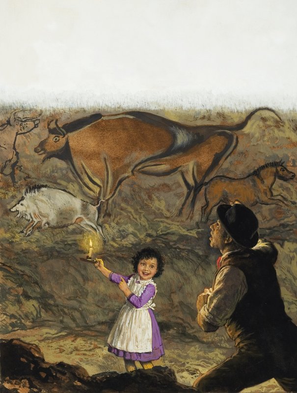 Marcelino Sanz de Sautuola (1831-88) a jeho dcera Maria objevují jeskynní malby v Altamíře (kvaš na papíře) od English School