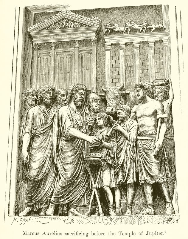 Marcus Aurelius obětující před Jupiterovým chrámem od English School